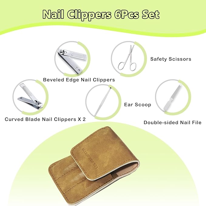Nail Clippers Set, 6 Pcs Toenail Clippers Stainless Steel Fingernail Clippers Manicure Set with Leather Case, Idea Gift for Men Women Mom Dad Christmas Birthday, Khaki