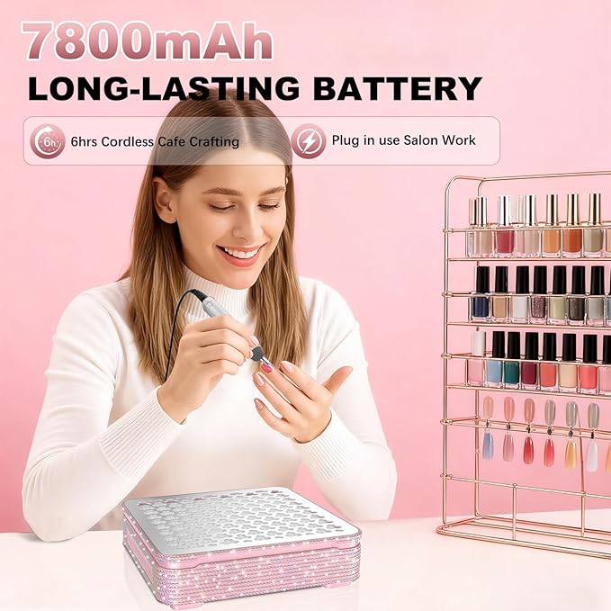 Nail Dust Collector | 1000PA Nail Dust Collector Rechargeable | 10 Speed Levels | Low Noise & Strong Suction | Reusable Filter, 10 Pads + Nail Dust Brush| for Acrylic Nails, Salon & Home -Pink Diamond