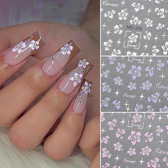 6Sheets Hibiscus Flower Nail Stickers, 3D Self-Adhesive Nails with Luxury Rhinestones - Blue Pink Nail Set Supplies for Women