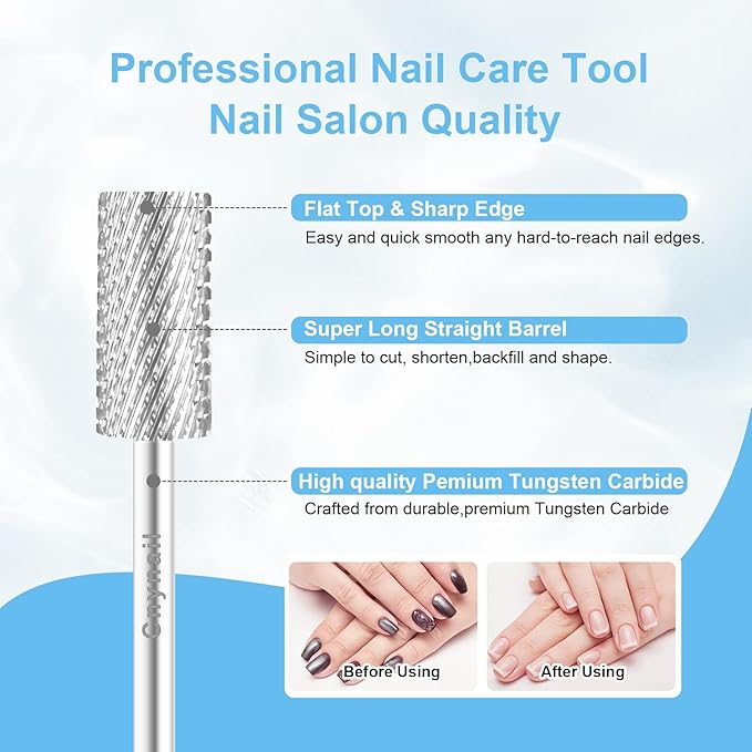 3/32" Large Barrel Bit Tungsten Carbide Nail Drill Bit Safety Bit for Gel & Acrylic Removal, 2- Way Rotating Efile Tip, Salon Electric File Accessory (C Girt, Silver)