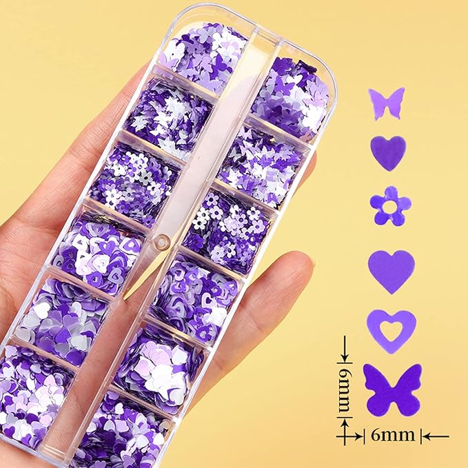 Holographic Purple Glitter Nail Art Sequins, 3D Glitters Flakes Nail Art Design, Love Heart Flowers Butterflies Acrylic Nails Supplies Accessories False Fingernails Manicure Charms Decorations Set