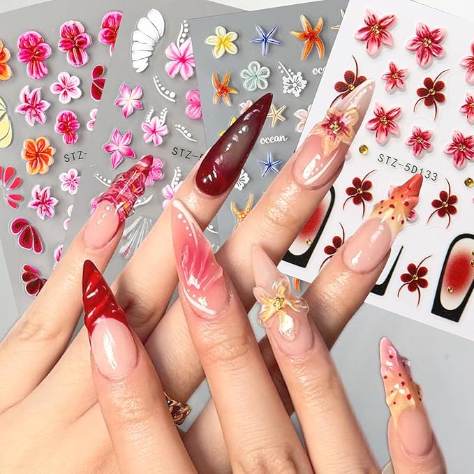 Cute Flowers Nail Art Stickers 5D Embossed Flower Nail Decals with Rhinestones Design Nail Stickers Self-Adhesive Colorful Floral Starfish Nail Decal French Sticker for Women Summer Hawaii Nails Decor