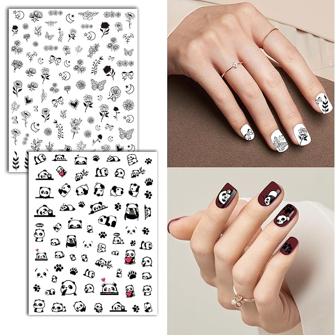 Nail Art Stickers for Women Girls Kids, 18 Sheets Acrylic Decals with Tweezers, Heart Sunflower Fruit Panda Lips Designs, Self-Adhesive Waterproof Nail Decoration