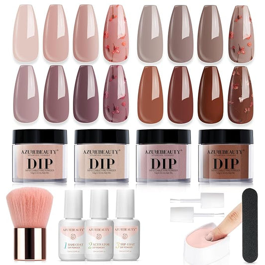 AZUREBEAUTY Dip Powder Nail Kit, 4 Colors Nude Dark Brown with Dried Flower Set, Fall Winter Natural Dipping Powder Starter Liquid Set Recycling Tray with Base & Top Coat Activator ﻿