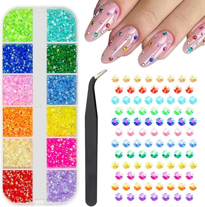 12 Colors 2mm Small Jelly Resin Rhinestones Rainbow Colorful Flatback Tiny Stones Gems Diamonds Crystals Charms for Nails Eyes Face Makeup Crafting Tumblers Bottles Crafts Shoes Clothes Phones