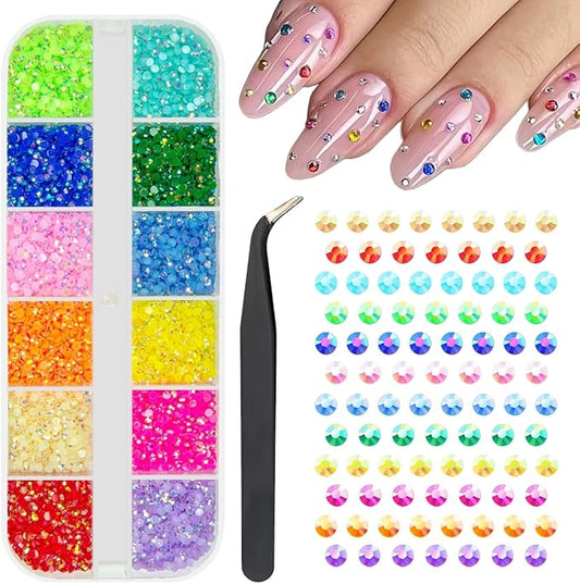 12 Colors 2mm Small Jelly Resin Rhinestones Rainbow Colorful Flatback Tiny Stones Gems Diamonds Crystals Charms for Nails Eyes Face Makeup Crafting Tumblers Bottles Crafts Shoes Clothes Phones