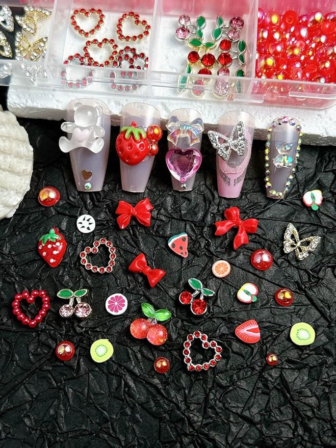 3D Red Bow Nail Charms, Flatback Pearl Charms Resin Strawberry Nails Bows Fruit Charms for Nails, Alloy Cherry Butterfly Nail Art Jewels for Women DIY Accessories