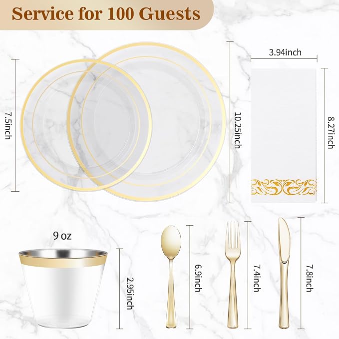 BESTVIP 700 PCS Clear Gold Plastic Plates and Silverware Set Disposable | Gold - Image 4