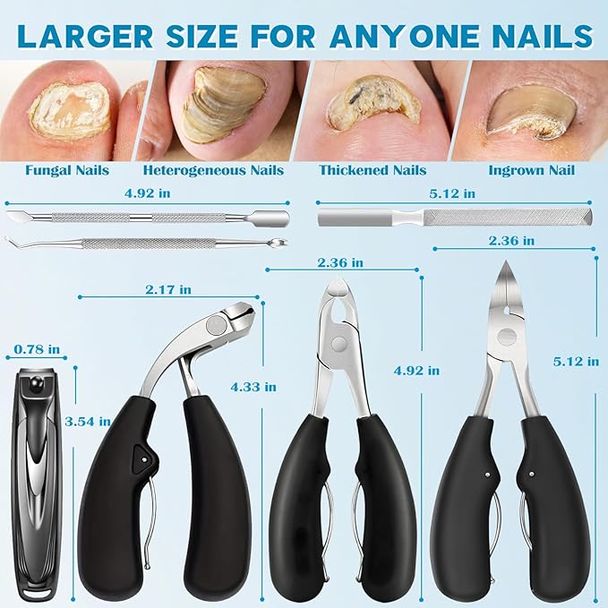 Long Handle Toenail Clippers Set for Seniors Thick Toenails, 7-in-1 Heavy Duty Nail Clippers with Catcher, Professional Ingrown Toenail Clippers for Men and Women, Manicure Pedicure Kit