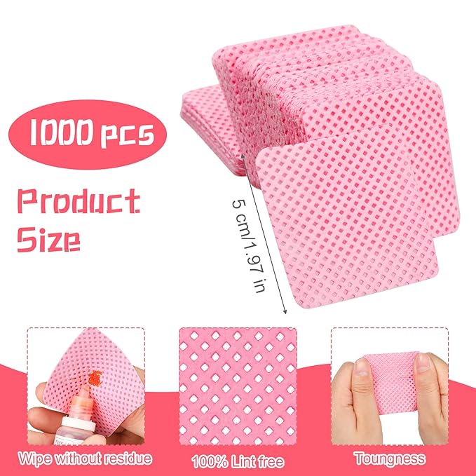 Maitys 1000 Pieces Eyelash Extension Glue Wipes Eyelash Glue Cleaner Non Woven Fabric Wipes Lash Supplies Accessories Tools for Extension Nail Polish Bottle(Rose Red)