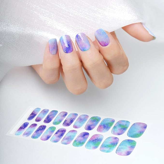 WOKOTO 1 Sheet Semi Cured Gel Nail Strips With Wood Stick, Nail File & Prepared Pads, 20 Tips Dreamy Color Semi Cured Nail Polish Strips, Harden With UV Light Gel Nail Wraps Stickers For Women Girls