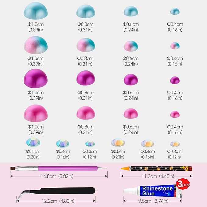 60g Mermaid Pearls Rhinestones for Crafts Mixed Size 3mm-10mm AB Color Round Half Pearls Flatback Pearl Beads and Resin Rhinestones Set for Face Art with Gel