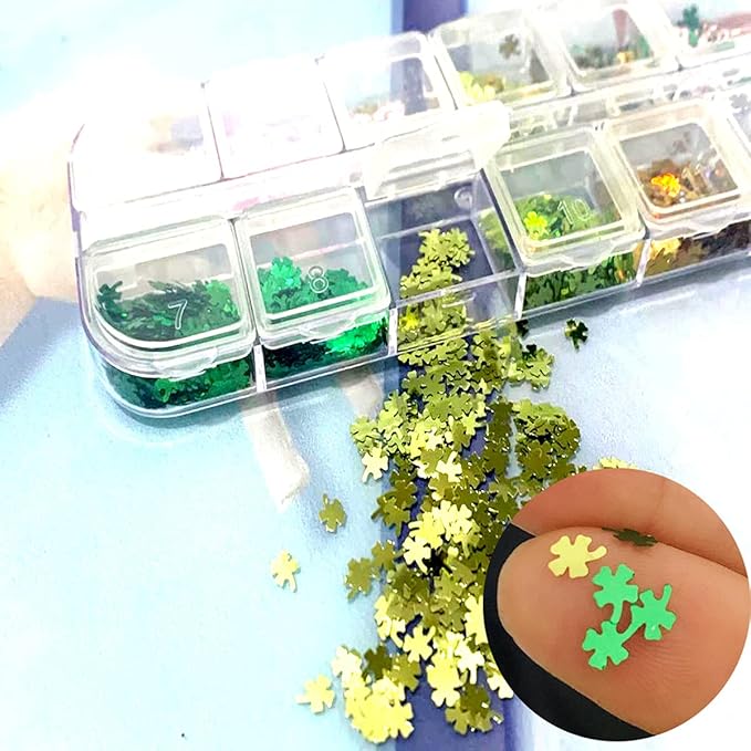 St. Patrick's Day Nail Art Glitters Green Clover Flakes Nail Sequins 3D Shamrocks Nail Art Glitter Design Holographic Leaf Sequin Nails Supplies Shine Lucky Nail Art Stickers Decorations DIY Crafts