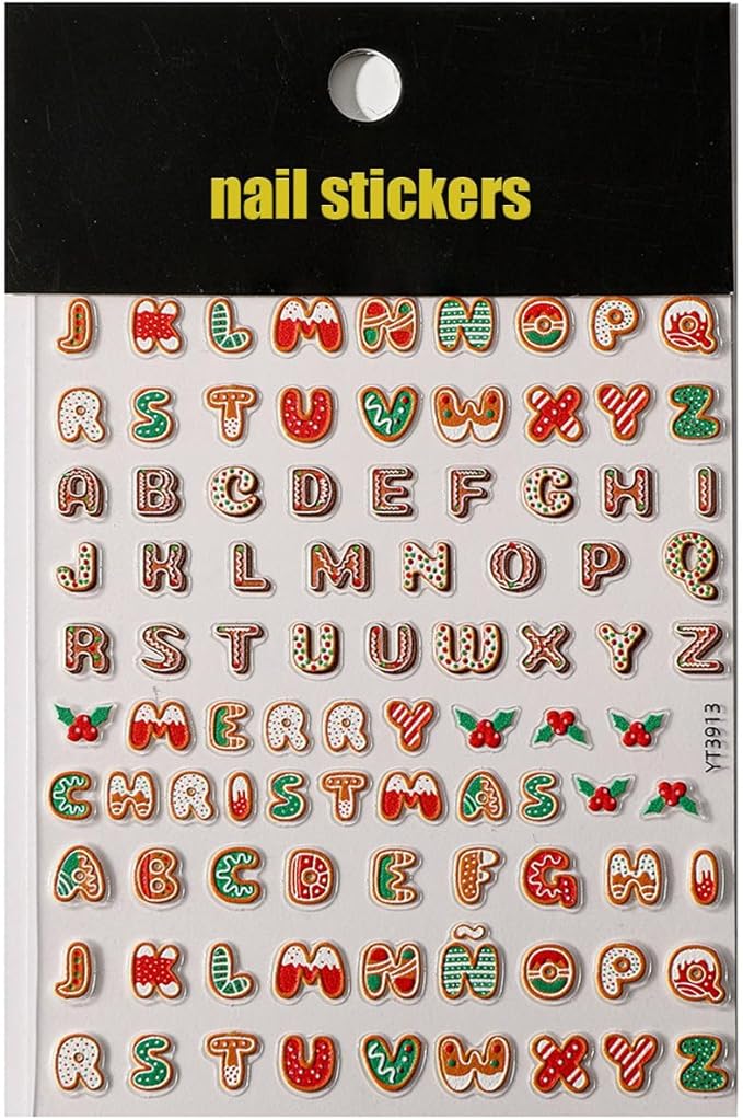Christmas 5D Embossed Nail Art Stickers - Letter Decals, Sanding Design, Cute Winter Holiday Supplies for Women DIY - English Colour Alphabet, Cute Winter Holiday Theme