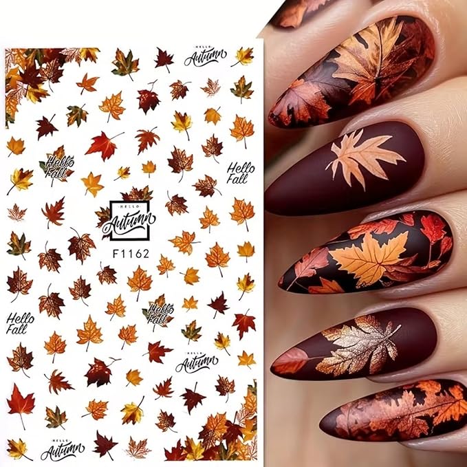 Fall Nail Art Stickers 6PCS Autumn Maple Leaf Nail Decals Fallen Leaves Elk Design 3D Self-Adhesive Nail Art Supplies Fall Leaf Deer Nail Accessories for Women Thanksgiving Day DIY Manicure Decoration