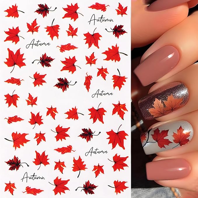 Fall Maple Leaves Nail Stickers for Thanksgiving, Fall Nail Art Decals 3D Self-Adhesive Cute Fox Pumpkin Bow Nails Stickers Nail Design 6Pcs Nail Art Supplies for Women Nail Decoration