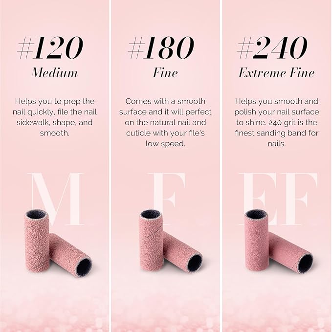MelodySusie 50 Pcs Nail Drill Bits Super Long Sanding Bands with 6.65mm Crystal Mandrel Bit, 240 Extreme Fine Grit Nail File for Acrylic Nails Gel Manicures and Pedicure, Pink