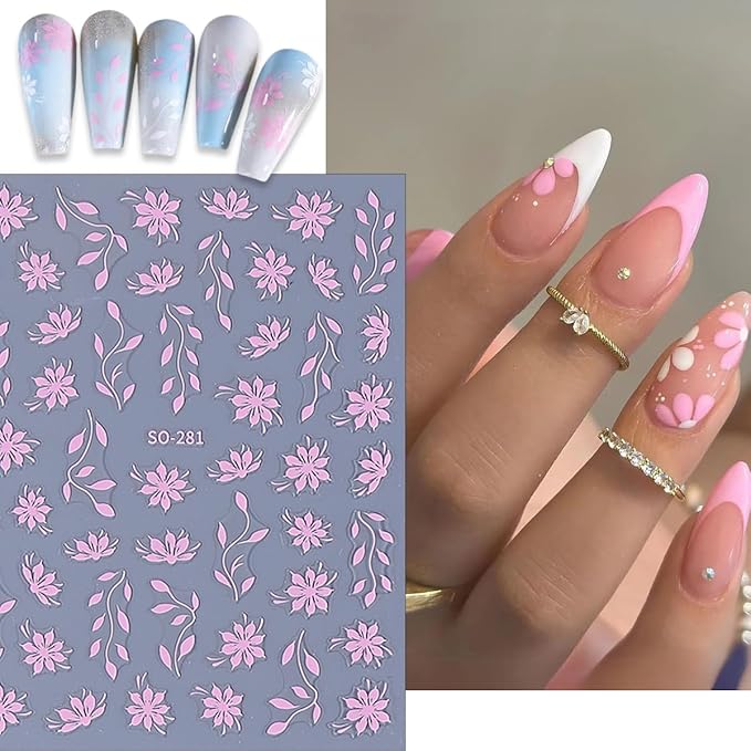 6 Sheets Floral Nail Art Stickers, Spring Leaf Nail Decals, 3D Self-Adhesive Nail Decoration Supplies for Daily Festival DIY Pink White Silver Black Gold Manicure Stickers