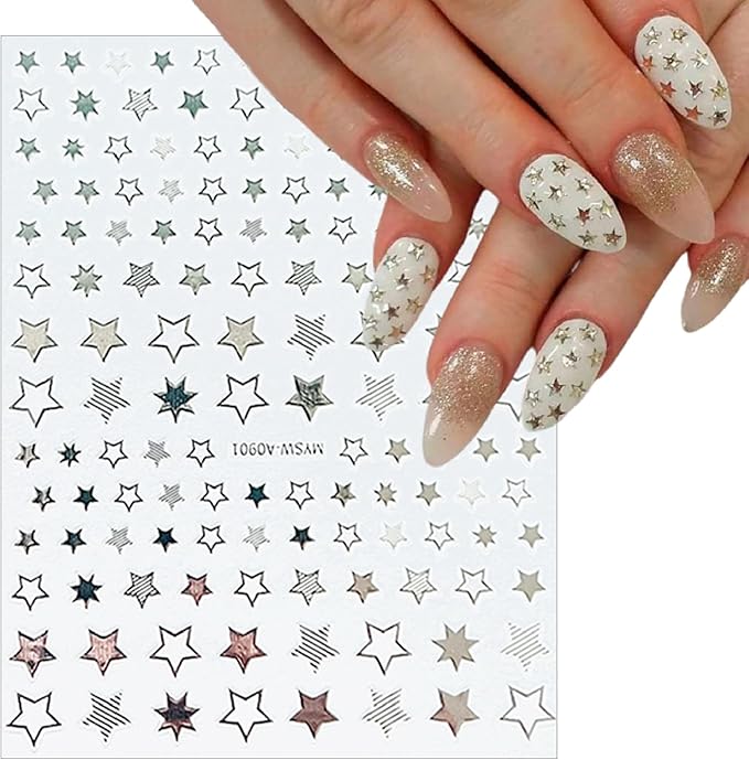 9 Sheets Shiny Twill Star Nail Stickers 3D Self-Adhesive Holographic Laser Color Gold and Silver Five-Pointed Star Design Women Girls Nail Art Decoration