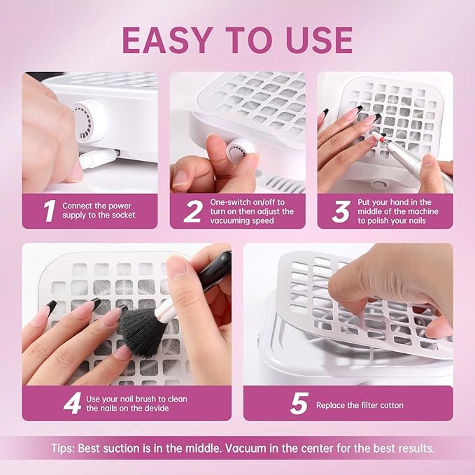 Nail Dust Collector, Compact 6000RPM Powerful Vacuum Fan Vent Dust Collector Extractor Dust Suction Machine for Acrylic Nails Polishing, White
