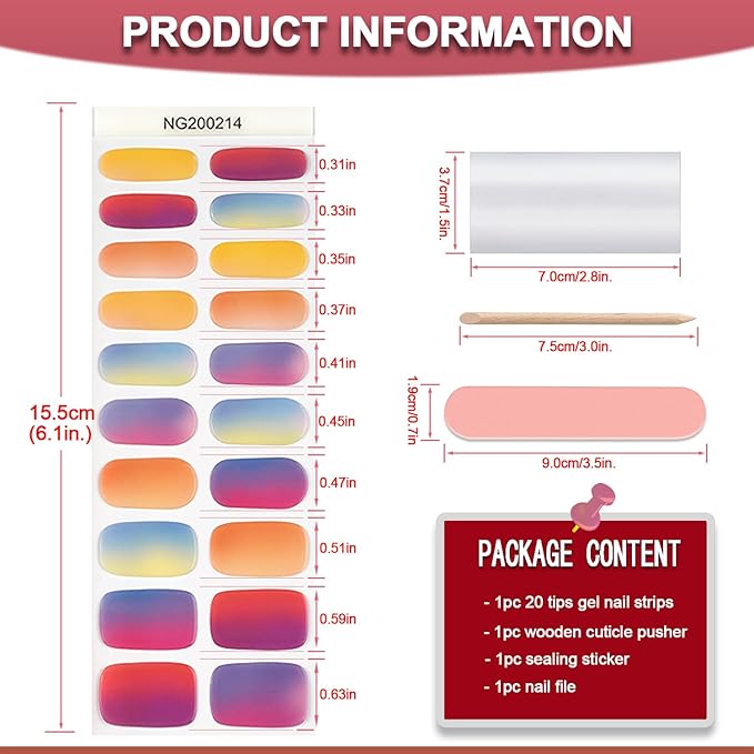 WOKOTO 20 Pcs Gradient Semi Cured Gel Nail Strips With Nail File & Wooden Stick Semicured Nail Polish Strips For Women Girls Gel Nail Wraps Uv Light Gel Nail Stickers Stick On Nails Gel Stickers