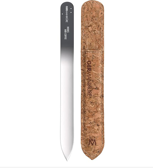 GERMANIKURE Glass Nail File in Cork Sleeve - Books and Coffee - Professional Crystal Nail File for Natural Nails - Ideal Manicure & Pedicure Tool for Smooth, Easy Shaping - Nail Care Gift