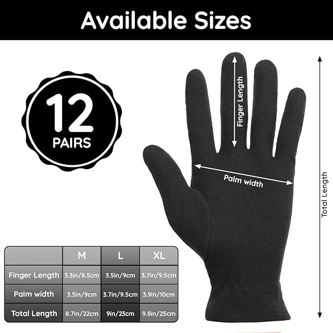 Segbeauty 24 Counts Elastic Black Cotton Gloves for Dry Hands, 12 Pairs Overnight Moisture Lotion Cotton Gloves with Elastic Band for Sleeping Driving Typing, Home Spa Sleep Glove Reusable Soft Glove