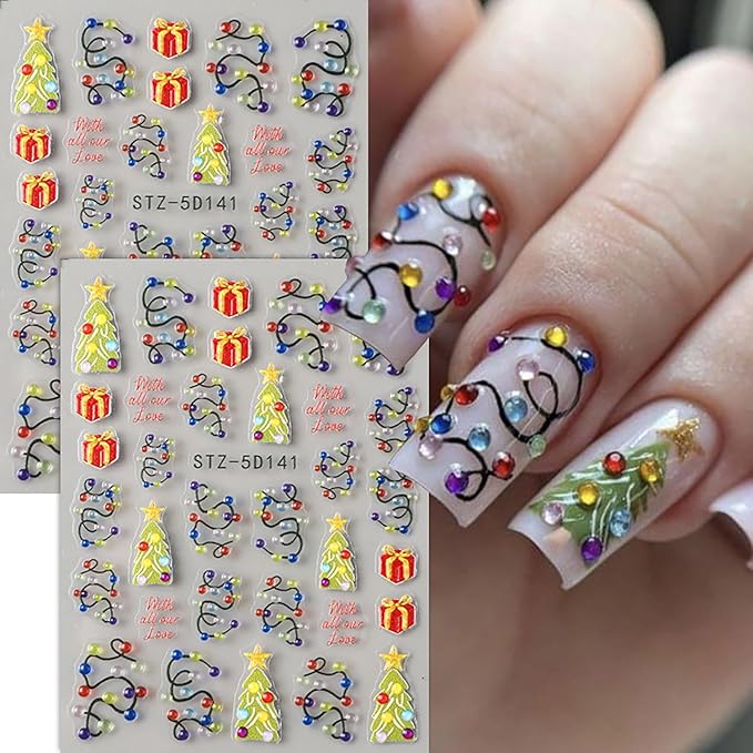 Christmas Nail Art Stickers 5D Self -Adhesive Relief Three-Dimensional Light String Nail Decals Holographic Christmas Tree Gift Nail Stickers Festival Nail Decoration for Women Manicure Supplies