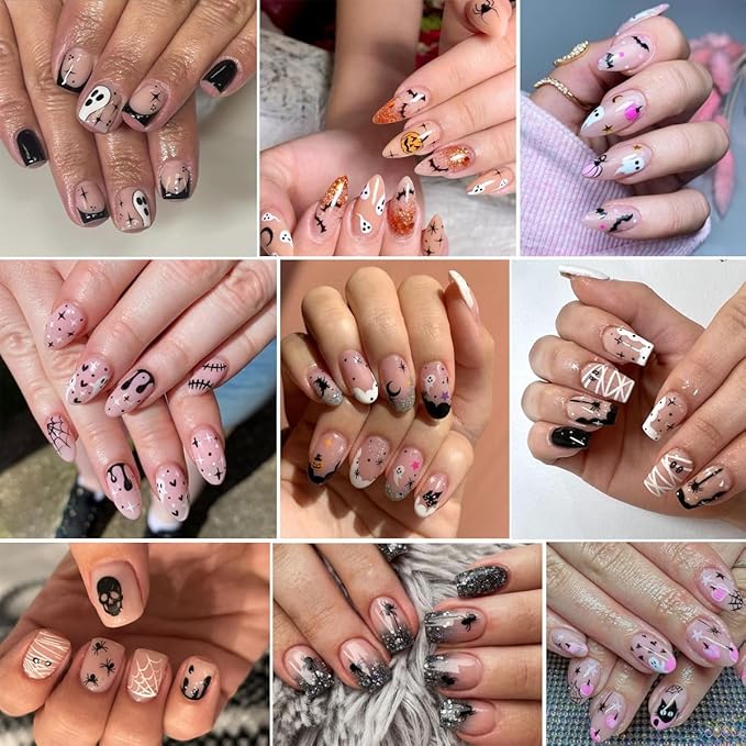 24Pcs/Set Small Halloween Nail Art Sticker, 3D Self-Adhesive Scary Ghost Skull Clown Witch Cat Pumpkin Spider Web Nail Stickers with Design Cute Halloween Nail Decals for Women