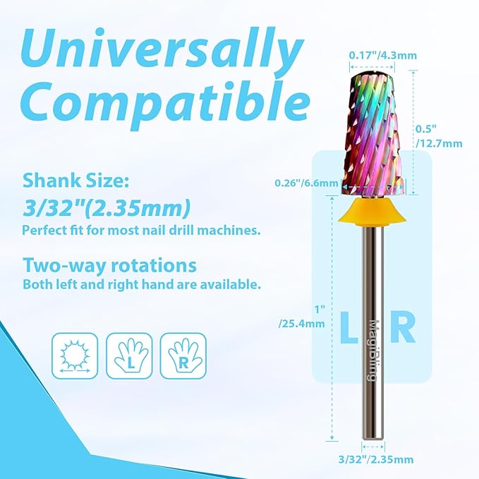 Round Top Nail Drill Bits, Cross Cut Tapered 3/32'' Safety Tungsten Carbide Professional Bit, Remove Gel Fast, Left Right Hand Use, Acrylic Nail Polish, Technicians Bits, Double Coarse.