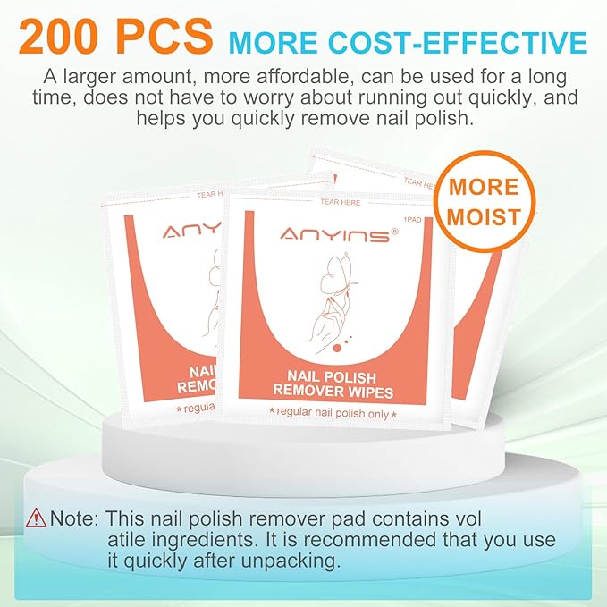 Nail Polish Remover Pads，200PCS Fast Remove Nail Polish Remover Wipes with Nutrition Oil Individually Wrapped Professional Nail Salon and Home Use