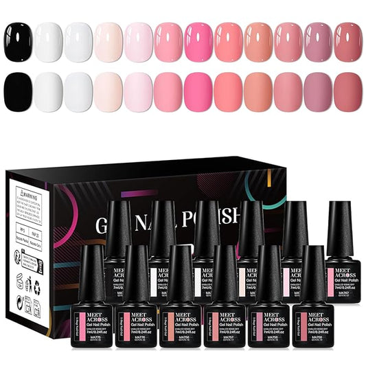MEET ACROSS One Step Gel Nail Polish 12 Colors All-in-One Step Gel Polish Milky White Peach Soak Off LED/UV Lamp DIY Salon Manicure at Home Gift for Women & Girls