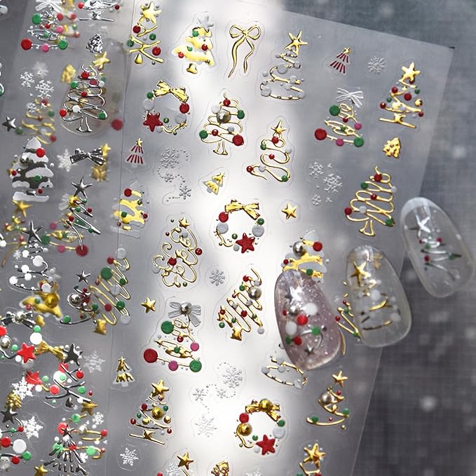 Christmas Nail Art Stickers Golden Xmas Tree Nail Decals with Rhinestone 1PCS Xmas Trees Snowflake Star Bow Christmas Nails Design Adhesive Stickers Nail Art Supplies for Women Holiday DIY Nail Art