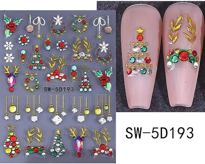 Christmas Nail Art Stickers 5D Embossed Nail Decals with Xmas Tree Light Antler Bow Rhinestones Design Glitter Nail Stickers Acrylic Nail Supplies for Women DIY Christmas Decorations 2 Sheets