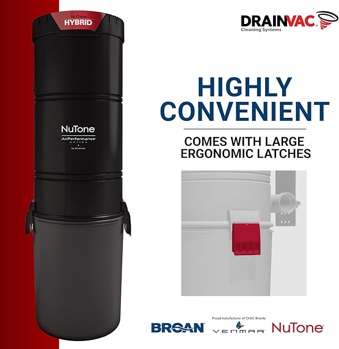 Drainvac Broan-nutone 700 Air watts Central Vacuum System and Deluxe Multi-Surface Tool Set for Cleaning Floors, Anti-Vibration, Powerful Suction