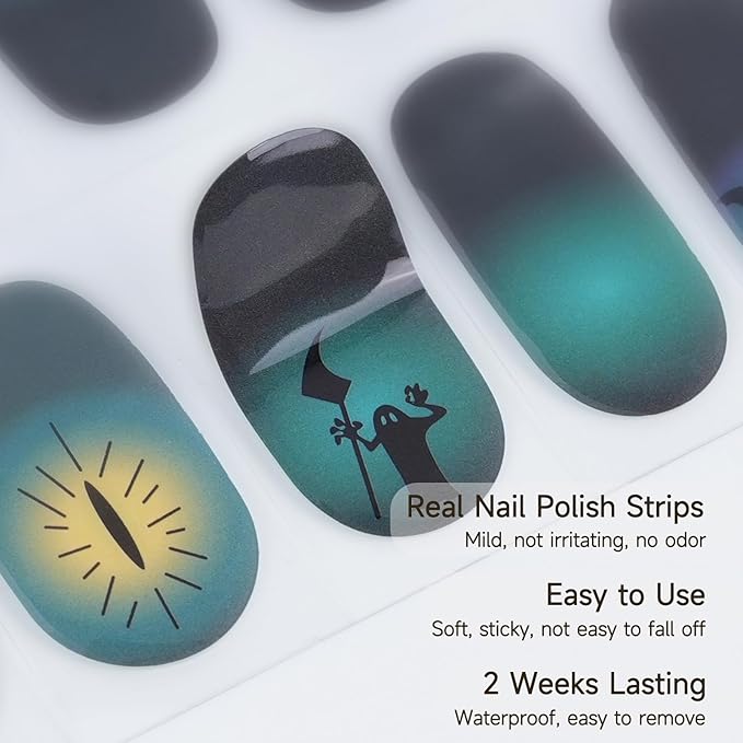 Halloween Gel Nail Stickers No UV Light Needed, 22Pcs Gel Nail Strips Set, NailWraps Polish Art DIY for Women, Salon Quality, Includes Prep Pads & Wood Stick (Bat)