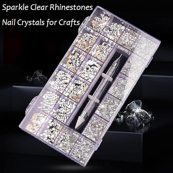 Nail Rhinestones Kit, Nail Art Decorations Flat AB Rhinestones Kit DIY Crafts Gemstones for Nail, Shoes, Clothes, Jewels (600 Iridescent Diamonds + 2500 Flat Rhinestone)