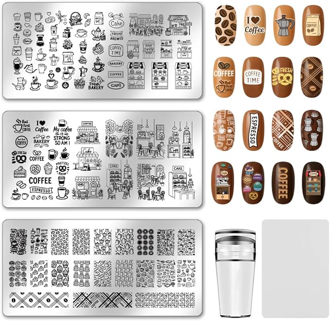 PH PandaHall 3pcs Coffee Theme Nail Stamping Plates Bakery Dessert Nail Art Stencils Coffee Beans Nails Stamper Stainless Steel Nails Image Plates for Women Manicures Salon Print Design Supplies