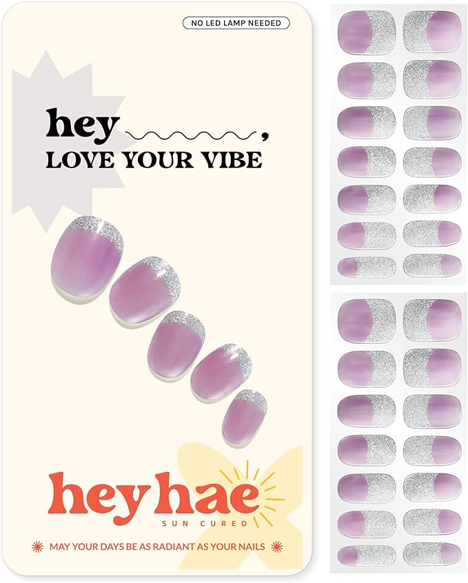 Heyhae Semi Cured Gel Nail Strips | No LED Lamp Needed | French, Purple | Easy Apply & Remove, Salon Quality | Includes 28 Strips, 1 Prep Pads, Nail File & Wooden Stick - Hey, Love Your Vibe