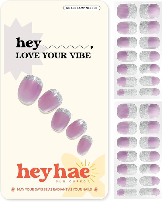 Heyhae Semi Cured Gel Nail Strips | No LED Lamp Needed | French, Purple | Easy Apply & Remove, Salon Quality | Includes 28 Strips, 1 Prep Pads, Nail File & Wooden Stick - Hey, Love Your Vibe