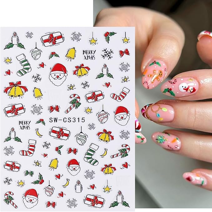 6Pcs Christmas Nail Stickers 3D Self Adhesive Xmas Tree Nails Decals Santa Claus Snowman Socks Snowflake Nails Design Sticker Winter Christmas Nail Art Stickers for Women Holiday Manicure Decor