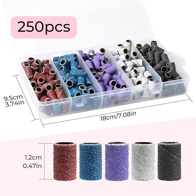 INNOLIFE 250Pcs Sanding Bands for Nail Drill, Nail Drill Sanding Bits, 5 Color Coarse Fine 80#120#150#180#240# Grits for Acrylic Nails, Manicures, and Pedicures Tools