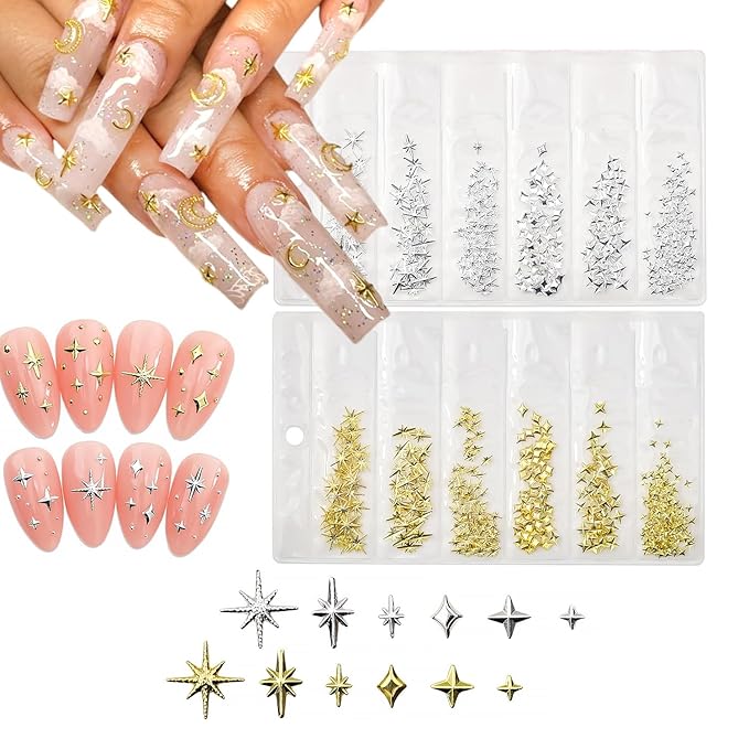 400Pcs 3D Gold Silver Star Nail Art Charms Metallic Studs Rhinestones Bling Gems Decorations Manicure Kit Art Supplies Accessories for Women Girls Acrylic Nails
