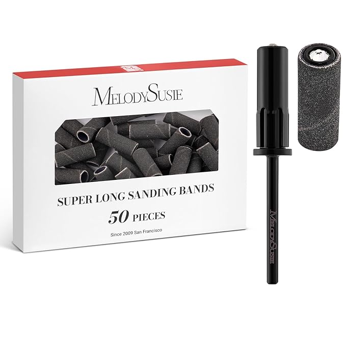 MelodySusie 50 Pcs Nail Drill Bits Super Long Sanding Bands with 6.65mm Crystal Mandrel Bit, 240 Extreme Fine Grit Nail File for Acrylic Nails Gel Manicures and Pedicure, Black
