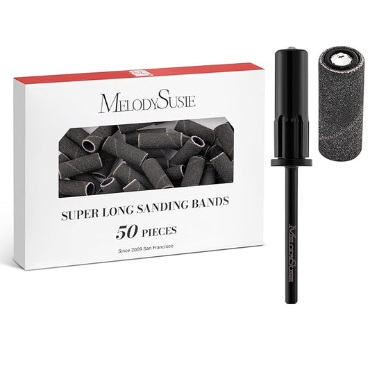 MelodySusie 50 Pcs Nail Drill Bits Super Long Sanding Bands with 6.65mm Crystal Mandrel Bit, 240 Extreme Fine Grit Nail File for Acrylic Nails Gel Manicures and Pedicure, Black