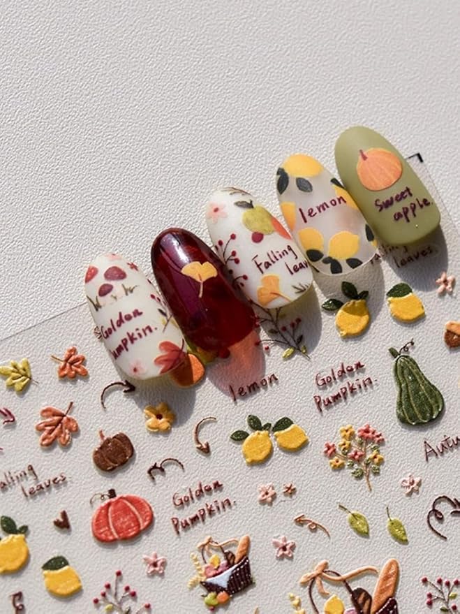 Fall Nail Stickers – 5D Embossed Autumn Nail Art with Pumpkins, Apples, Leaves & Harvest Basket. Easy to Use, Self-Adhesive. Cozy Seasonal Look for Thanksgiving, DIY Manicure, Salon & Home Décor