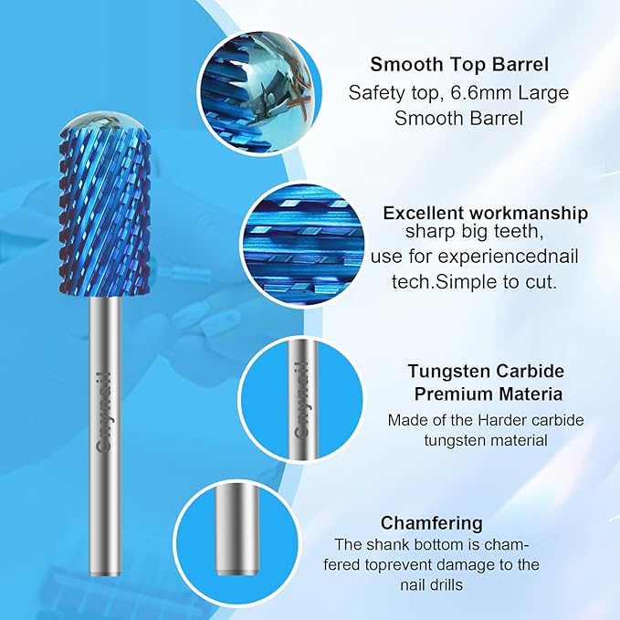 3/32" Large Barrel Smooth Round Top Tungsten Carbide Nail Drill Bit Safety Bit for Gel & Acrylic Removal, 2-Way Rotating Efile Tip, Salon Electric File Accessory (XC Grit, Blue)