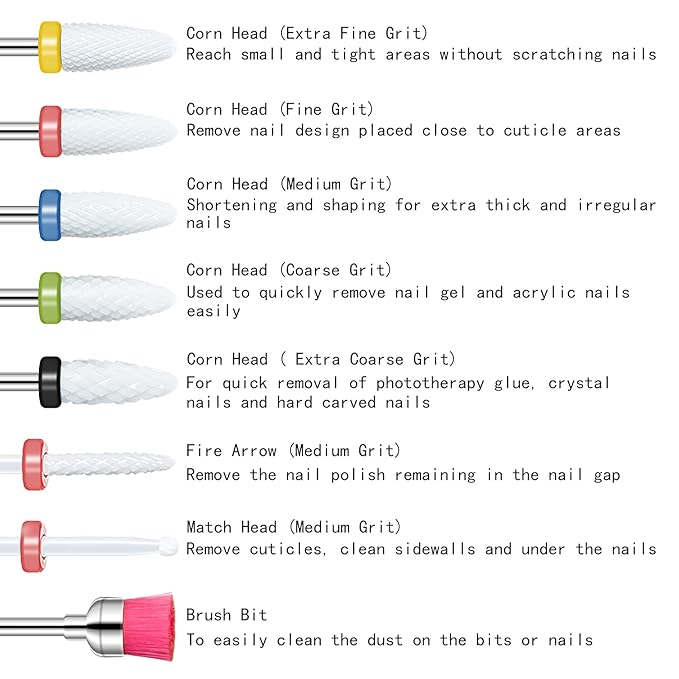 8 Pcs Ceramic Nail Drill Bits Set with Holder for Electric Nail File Manicure Pedicure Acrylic Gel Polishing - 5 Sizes 3/32'' (2.35mm) Corn Head + Flame Top, Cuticle Bits, Cleaning Brush