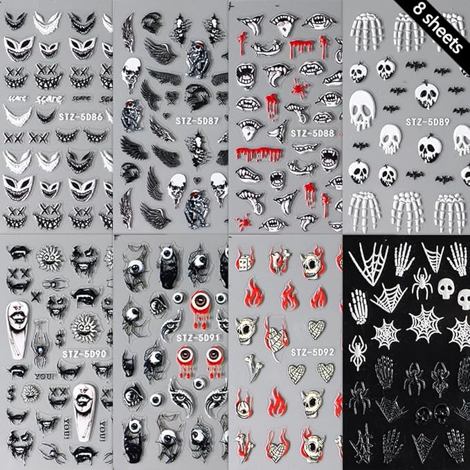 8 Sheets Halloween Nail Art Stickers - Goth Ghost, Skeleton Skull Spider Nail Decals - 3D, 5D Black Wing Nail Supplies - DIY French Manicure