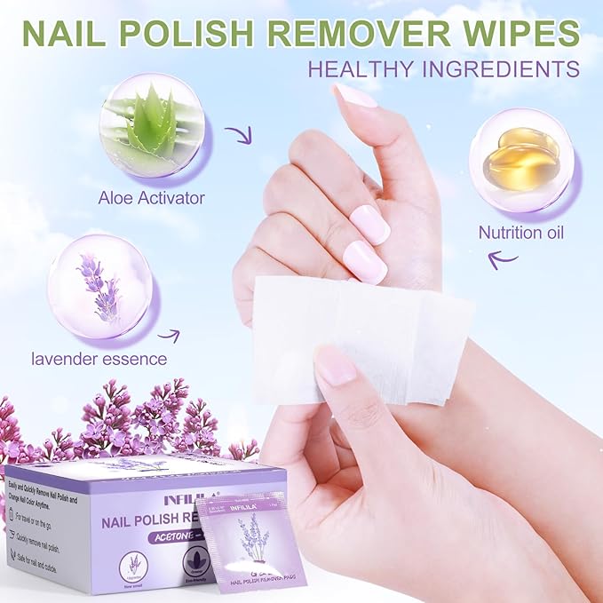 NXJ INFILILA Nail Polish Remover Pads - Individually Wrapped - Quick Nail Polish Remover Wipes - Fingernail Travel Kit to Clear Nail Polish for Home & Professional Removal(Lavender Fragrance)